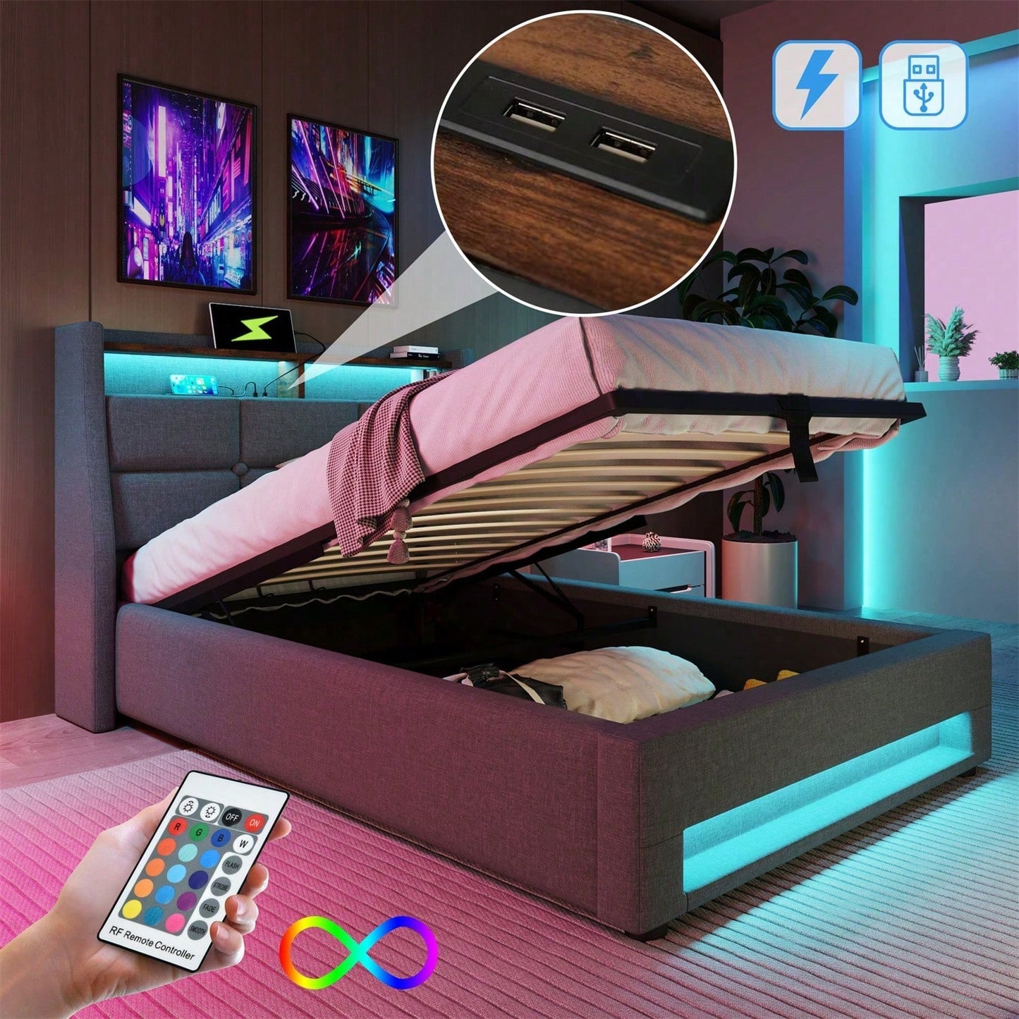 Polsterbett mit USB 90x200cm,LED Einzelbett mit Lattenrost aus Metallrahmen,Bettgestell aus Leinenmaterial Jugendbett