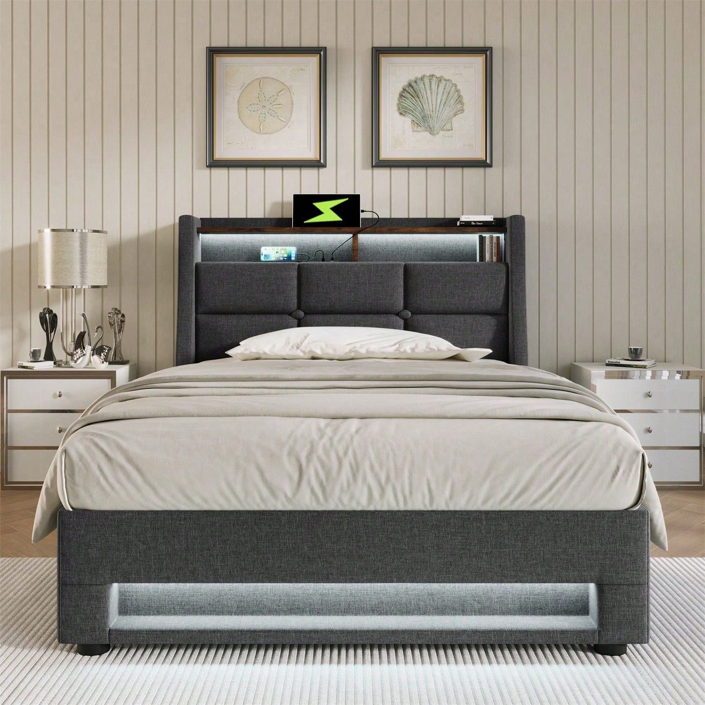 Polsterbett mit USB 90x200cm,LED Einzelbett mit Lattenrost aus Metallrahmen,Bettgestell aus Leinenmaterial Jugendbett