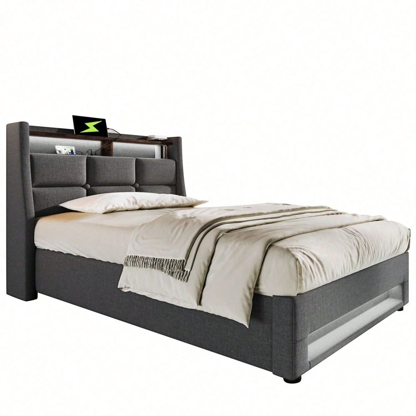 Polsterbett mit USB 90x200cm,LED Einzelbett mit Lattenrost aus Metallrahmen,Bettgestell aus Leinenmaterial Jugendbett