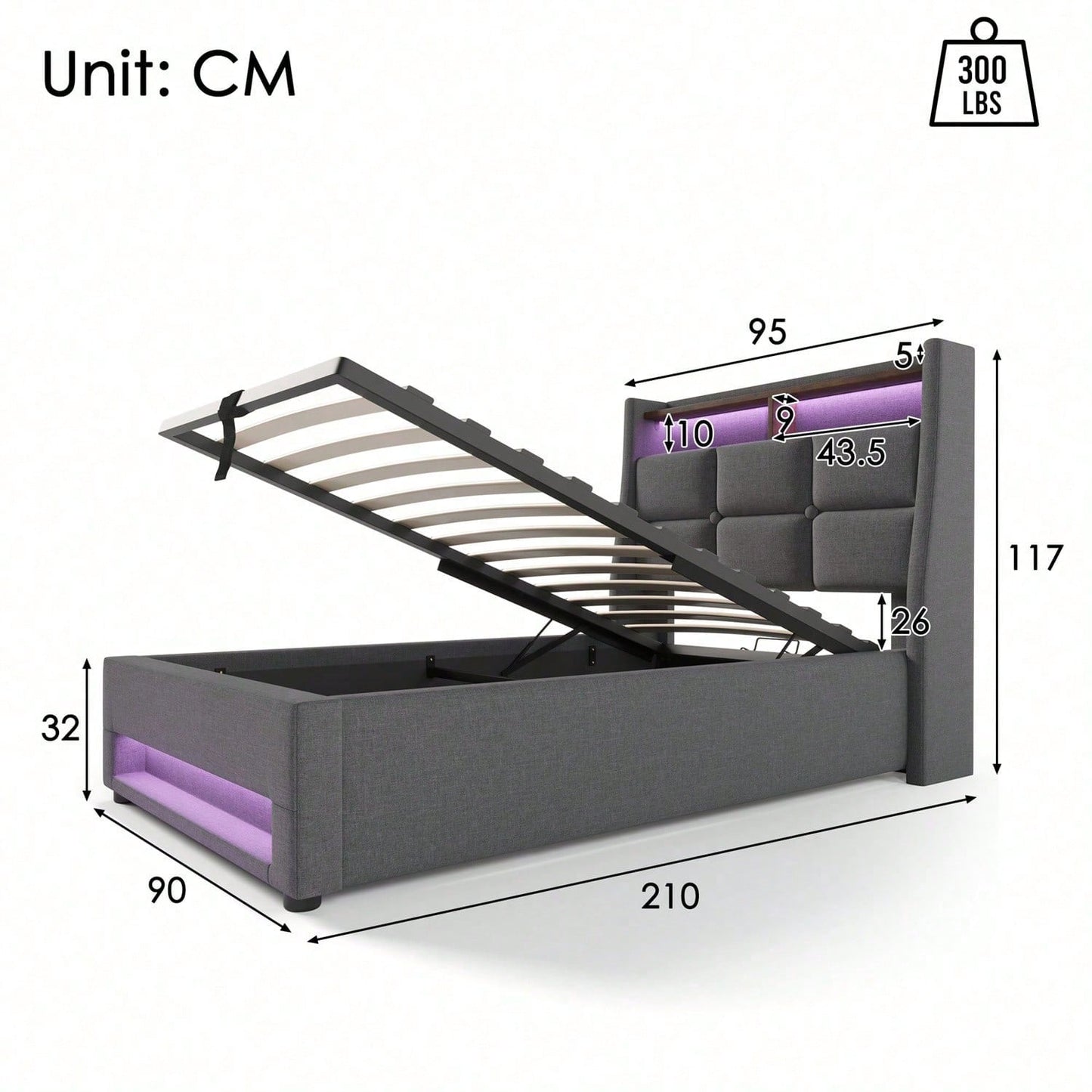 Polsterbett mit USB 90x200cm,LED Einzelbett mit Lattenrost aus Metallrahmen,Bettgestell aus Leinenmaterial Jugendbett