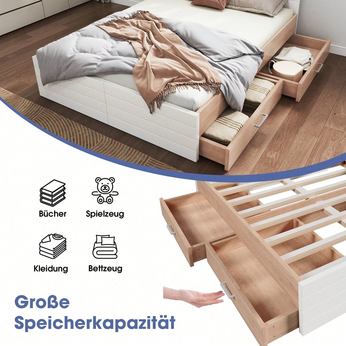 Doppelbett Holzbett Bettanlage 140*200cm mit 2 Schubladen,Modernes Bett inkl. Bettgestell &Lattenrost-207*80*145cm (L*H*B) Set in Eiche/Weiß