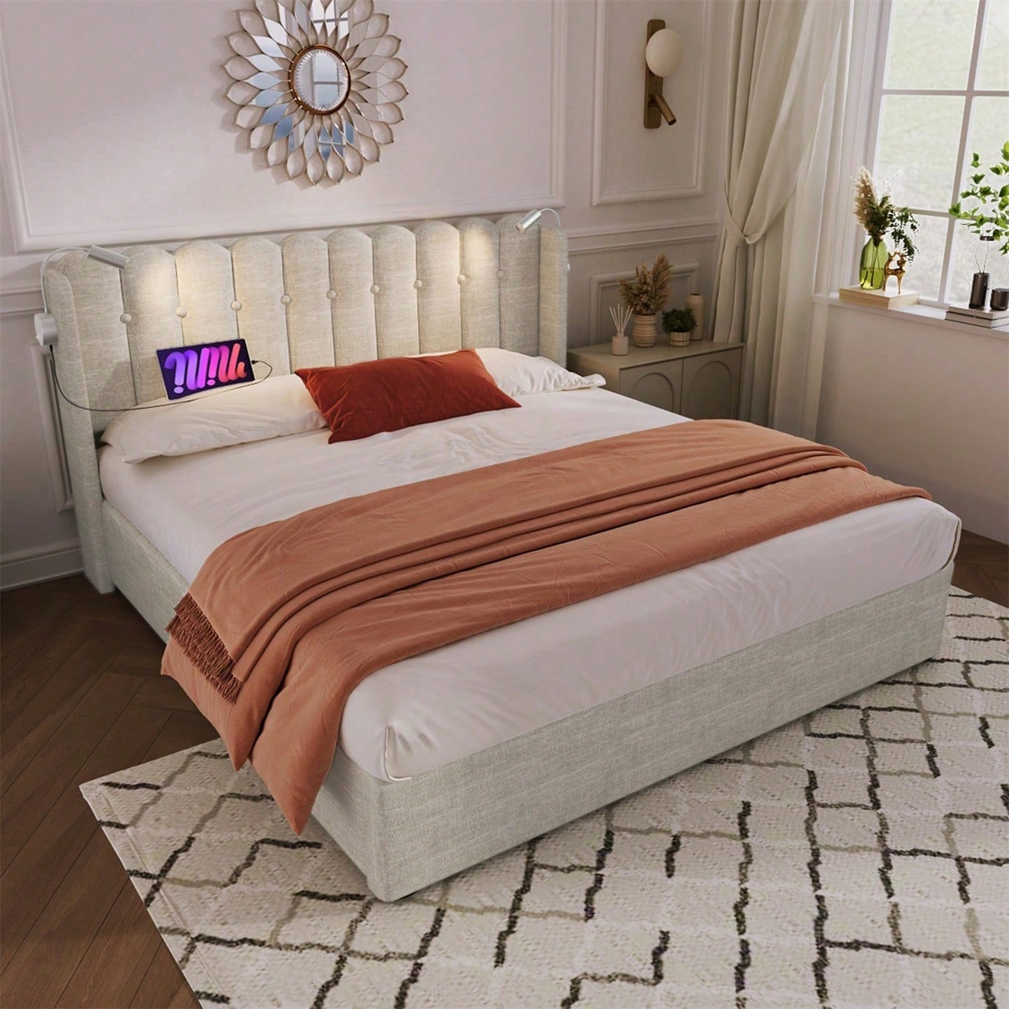 Polsterbett Doppelbett Leselicht mit Ladefunktion Kopfteil Stauraum Bettgestell Leinenmaterial Jugendbett 140x200 mit lattenrost,Natürlich