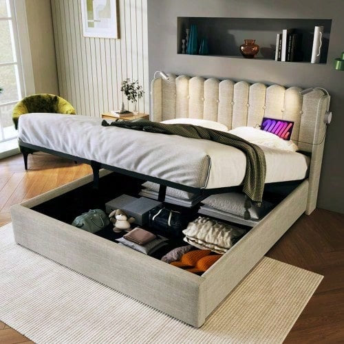 Polsterbett Doppelbett Leselicht mit Ladefunktion Kopfteil Stauraum Bettgestell Leinenmaterial Jugendbett 140x200 mit lattenrost,Natürlich