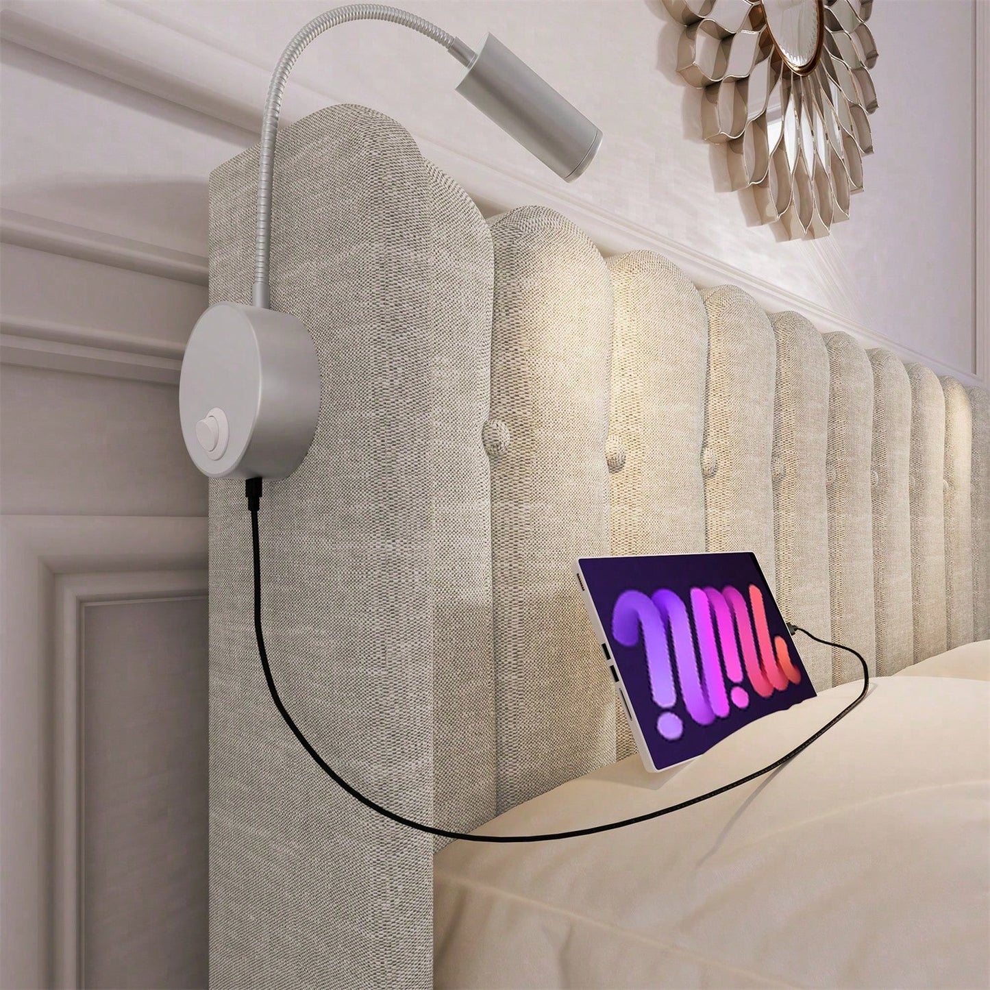 Polsterbett Doppelbett Leselicht mit Ladefunktion Kopfteil Stauraum Bettgestell Leinenmaterial Jugendbett 140x200 mit lattenrost,Natürlich
