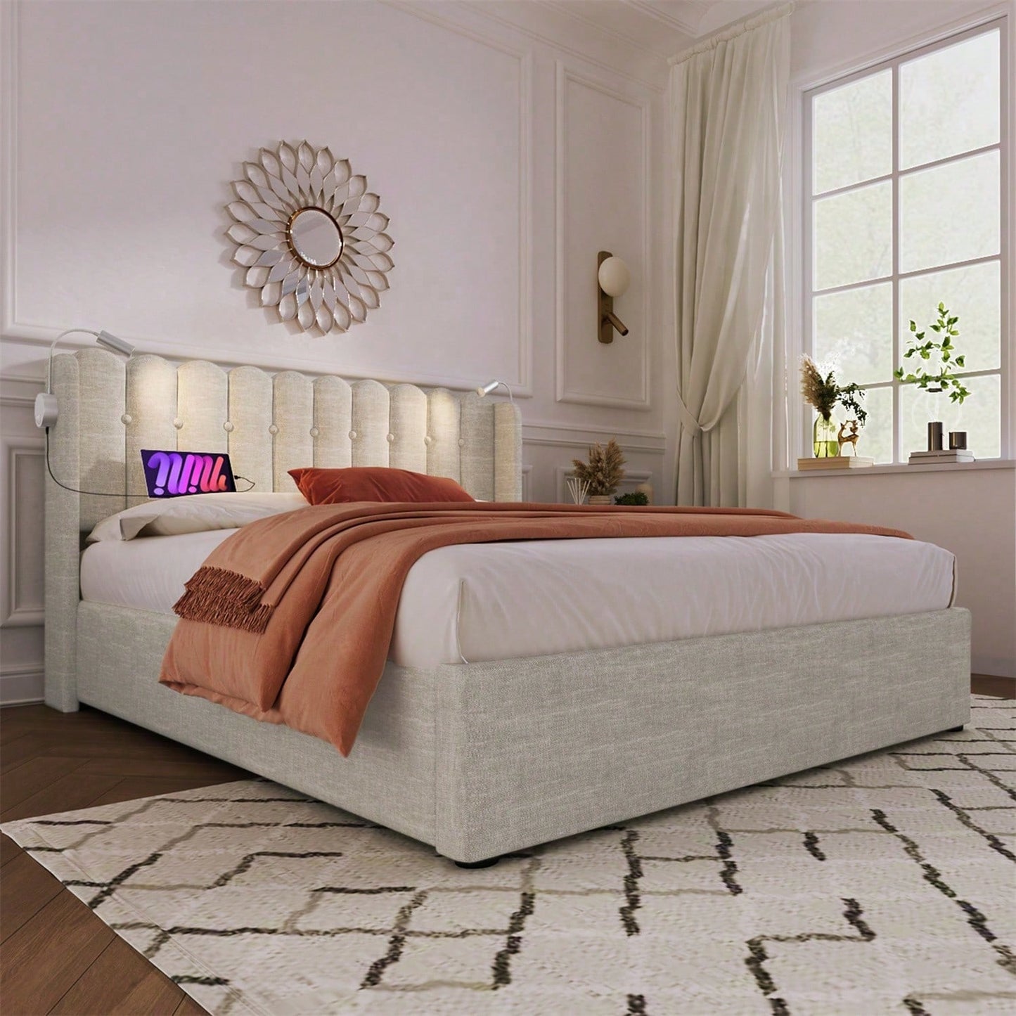 Polsterbett Doppelbett Leselicht mit Ladefunktion Kopfteil Stauraum Bettgestell Leinenmaterial Jugendbett 140x200 mit lattenrost,Natürlich