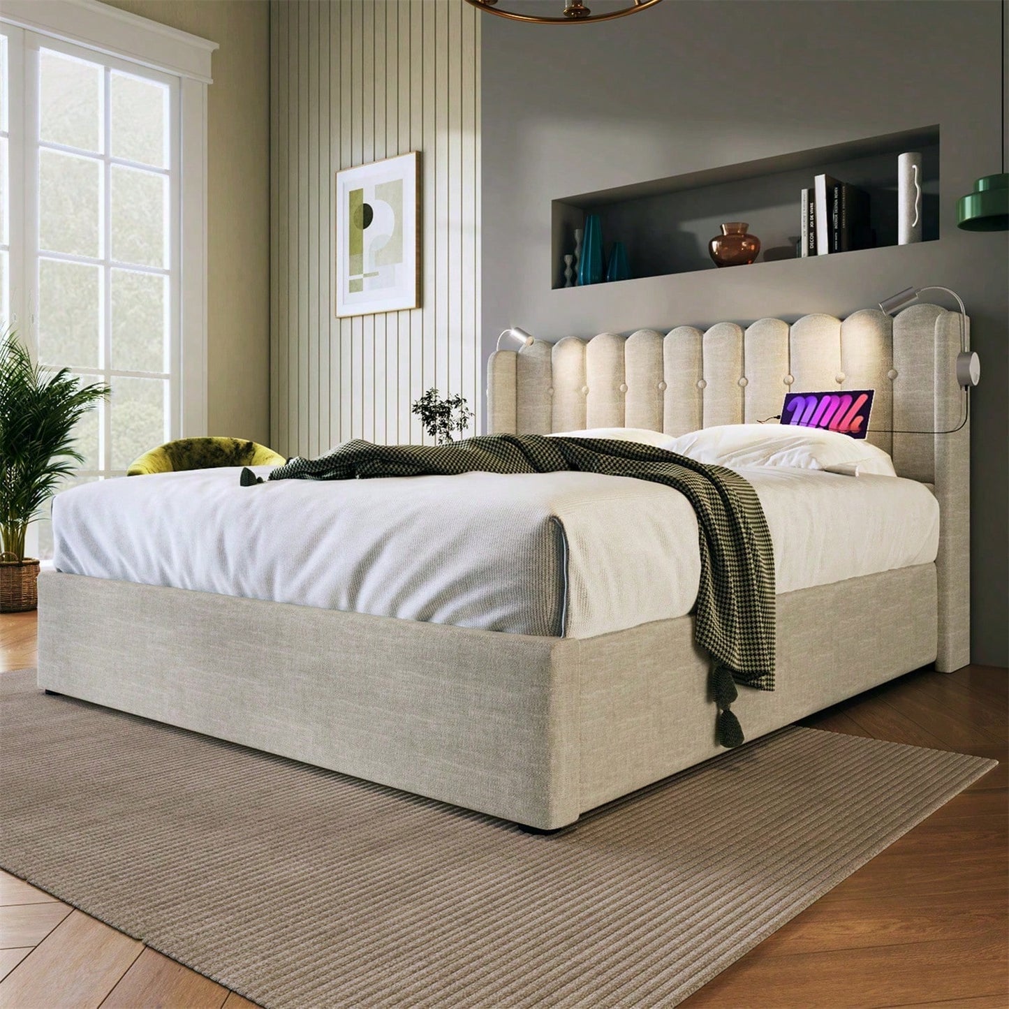 Polsterbett Doppelbett Leselicht mit Ladefunktion Kopfteil Stauraum Bettgestell Leinenmaterial Jugendbett 140x200 mit lattenrost,Natürlich