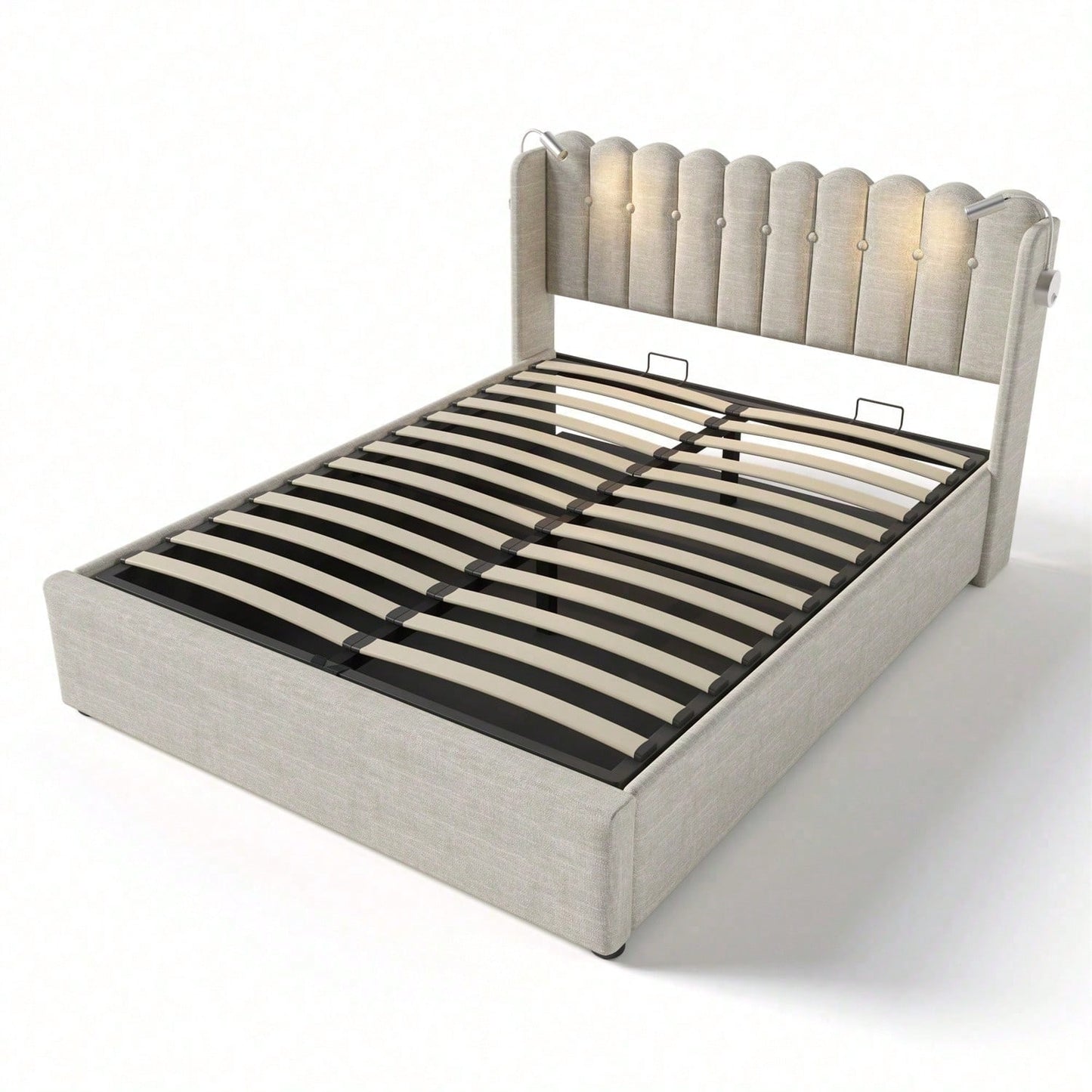 Polsterbett Doppelbett Leselicht mit Ladefunktion Kopfteil Stauraum Bettgestell Leinenmaterial Jugendbett 140x200 mit lattenrost,Natürlich