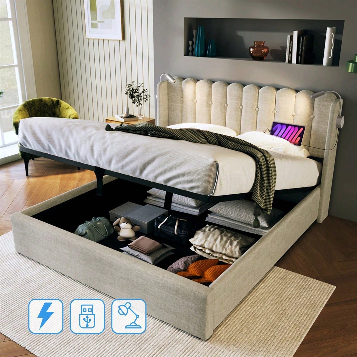 Polsterbett Doppelbett Leselicht mit Ladefunktion Kopfteil Stauraum Bettgestell Leinenmaterial Jugendbett 140x200 mit lattenrost,Natürlich