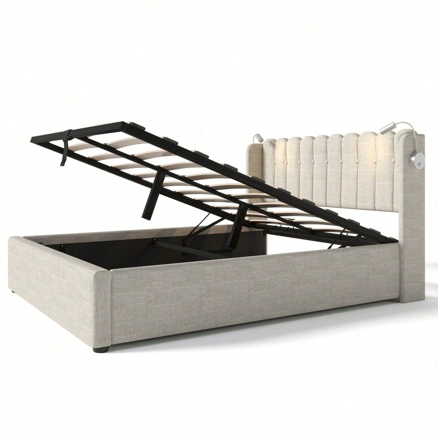 Polsterbett Doppelbett Leselicht mit Ladefunktion Kopfteil Stauraum Bettgestell Leinenmaterial Jugendbett 140x200 mit lattenrost,Natürlich