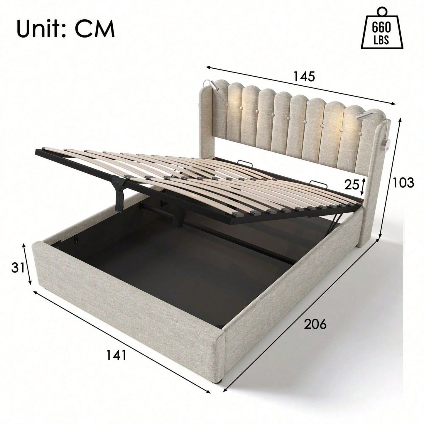 Polsterbett Doppelbett Leselicht mit Ladefunktion Kopfteil Stauraum Bettgestell Leinenmaterial Jugendbett 140x200 mit lattenrost,Natürlich