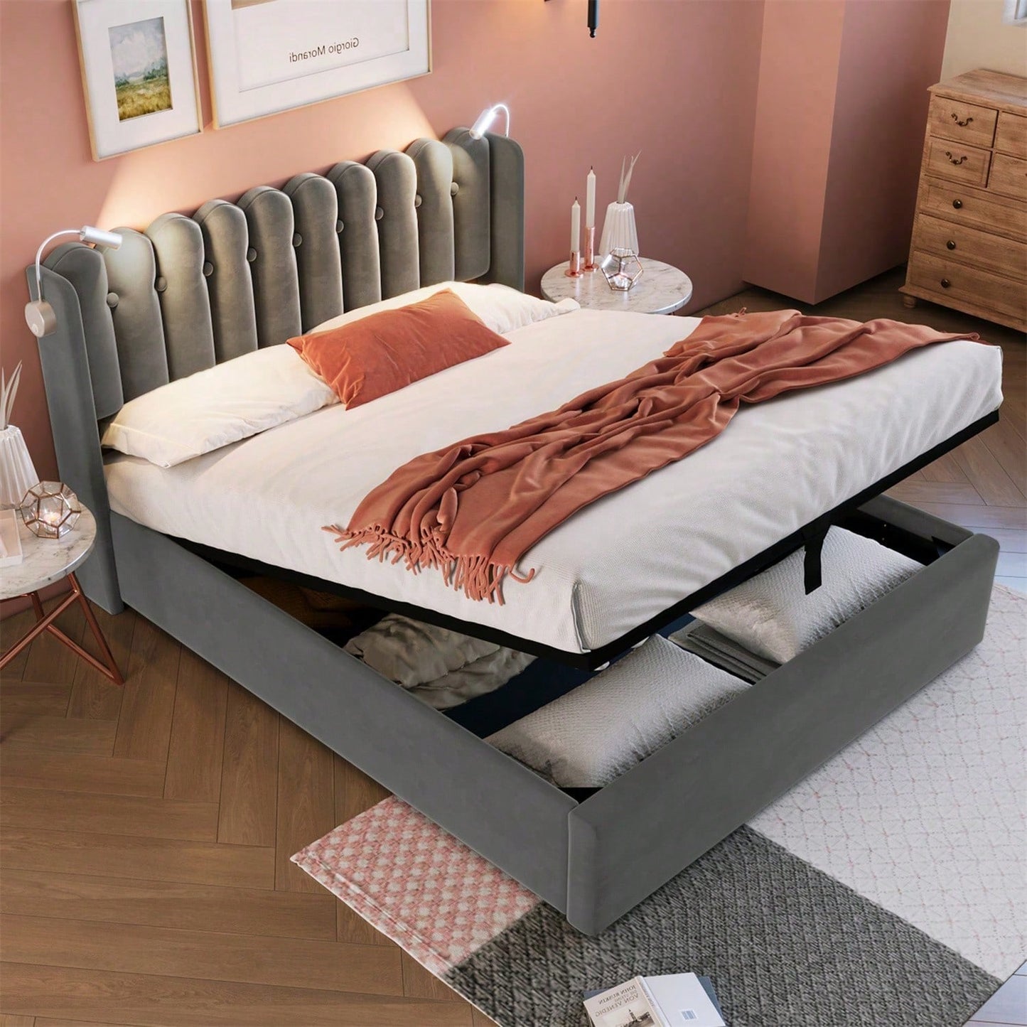Polsterbett Doppelbett Leselicht mit Ladefunktion Kopfteil Stauraum Bettgestell Leinenmaterial Jugendbett 140x200 mit lattenrost,Natürlich