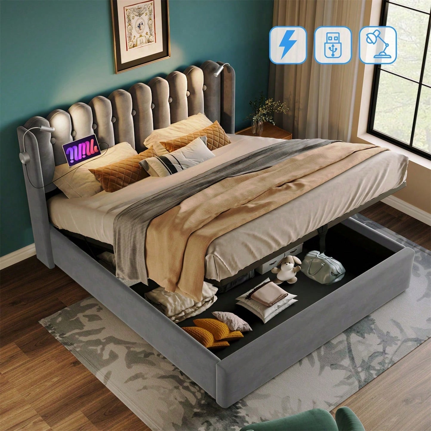 Polsterbett Doppelbett Leselicht mit Ladefunktion Kopfteil Stauraum Bettgestell Leinenmaterial Jugendbett 140x200 mit lattenrost,Natürlich