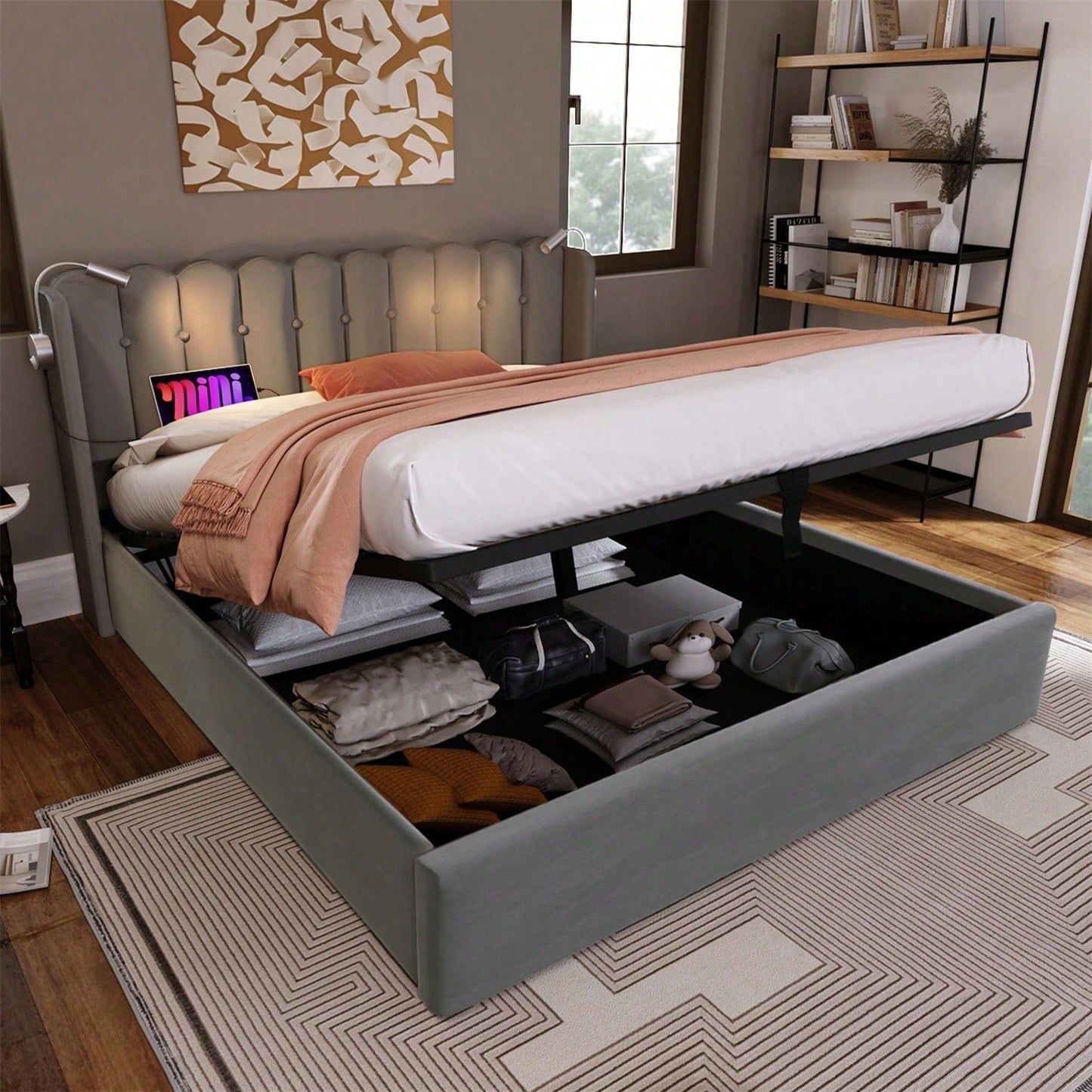Polsterbett Doppelbett Leselicht mit Ladefunktion Kopfteil Stauraum Bettgestell Leinenmaterial Jugendbett 140x200 mit lattenrost,Natürlich
