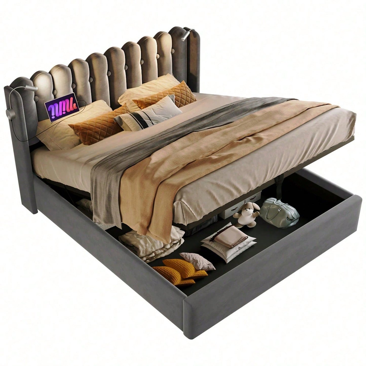 Polsterbett Doppelbett Leselicht mit Ladefunktion Kopfteil Stauraum Bettgestell Leinenmaterial Jugendbett 140x200 mit lattenrost,Natürlich