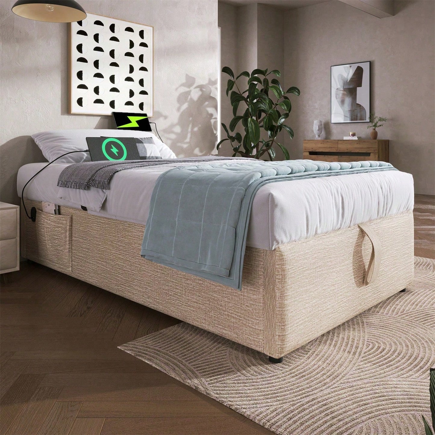 Polsterbett Einzelbett 90*200 cm, Struraumbett Bettgestell mit USB- C und Vollflächiger Lattenrost, Ohne Kopfteil, Baumwolle, Grau