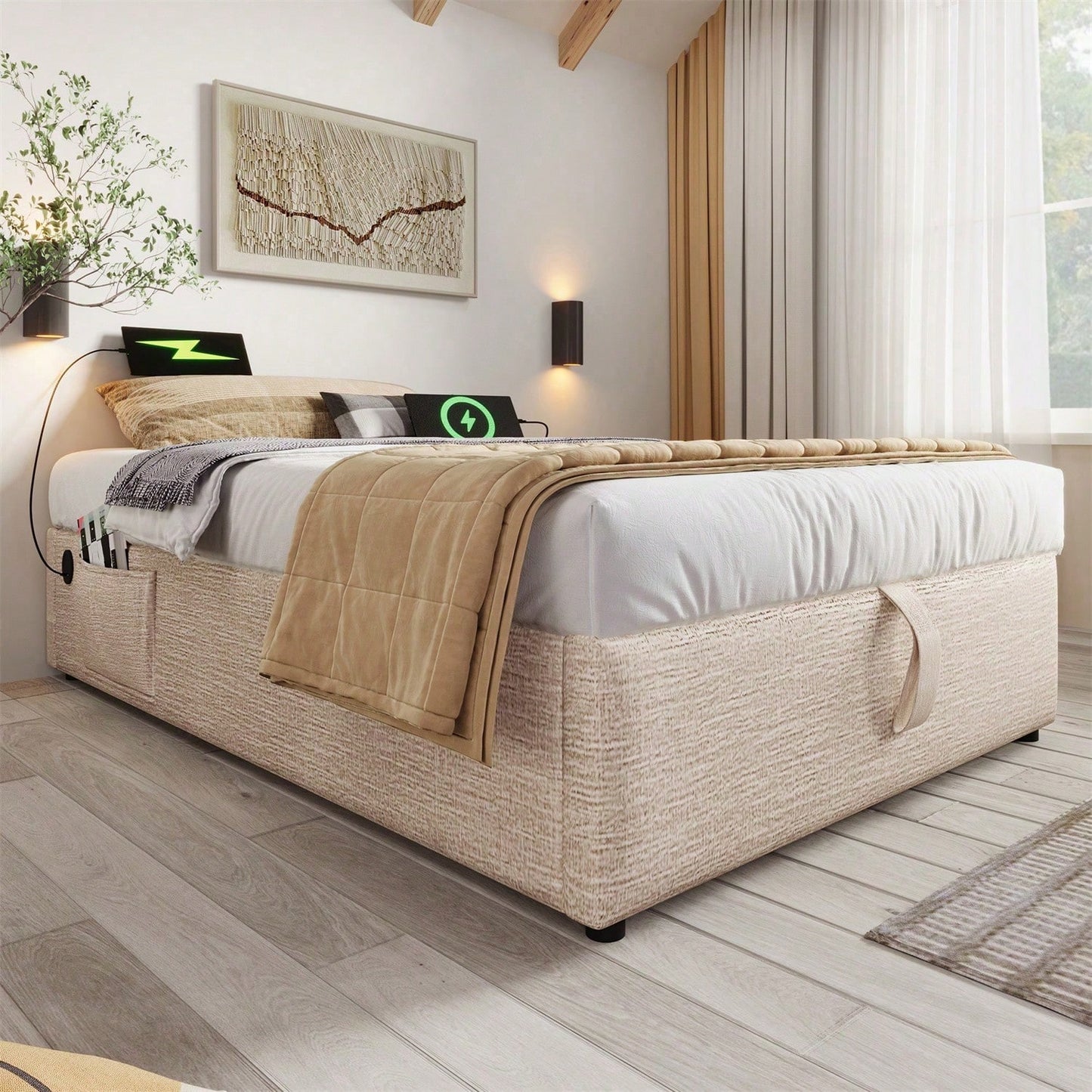 Polsterbett Einzelbett 90*200 cm, Struraumbett Bettgestell mit USB- C und Vollflächiger Lattenrost, Ohne Kopfteil, Baumwolle, Grau