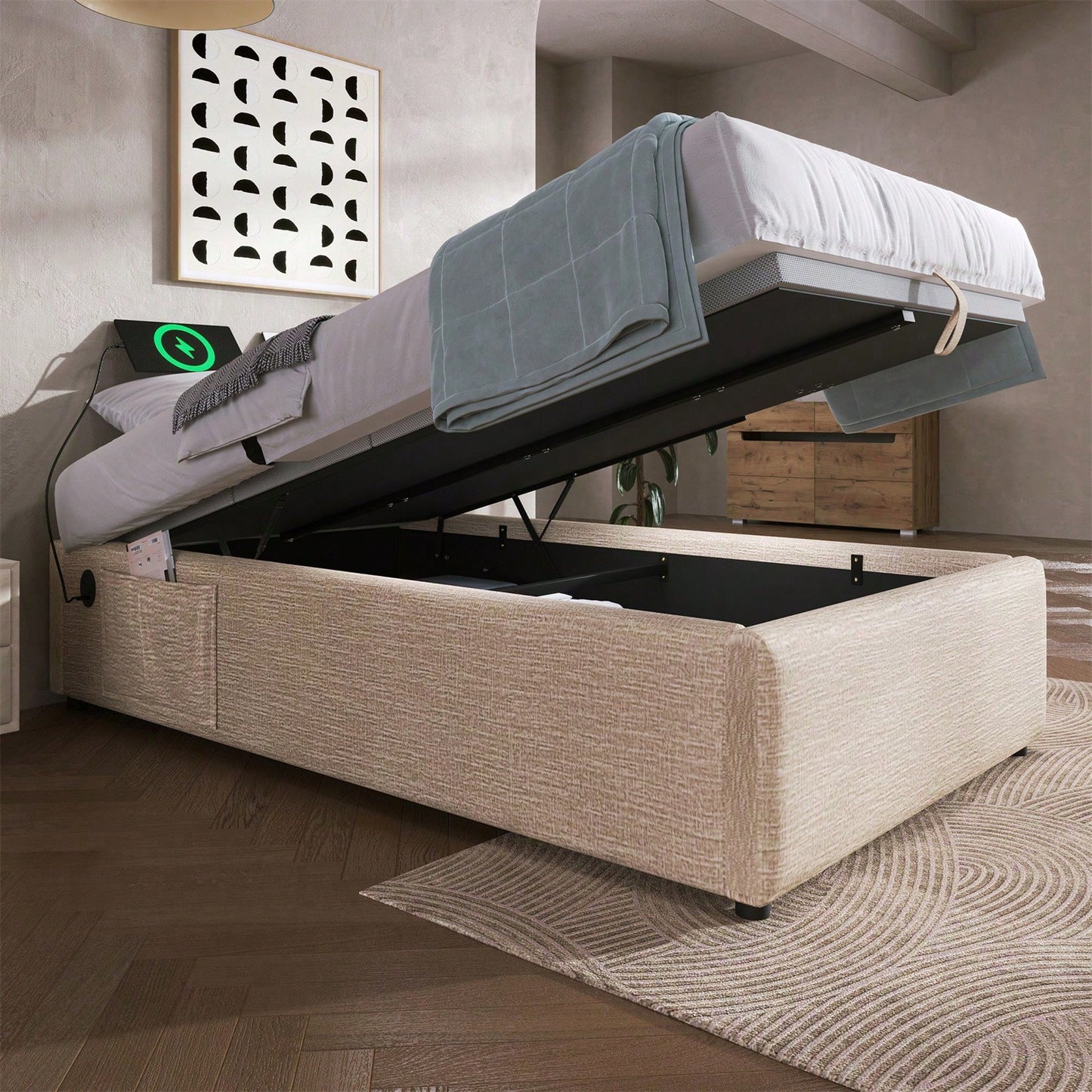 Polsterbett Einzelbett 90*200 cm, Struraumbett Bettgestell mit USB- C und Vollflächiger Lattenrost, Ohne Kopfteil, Baumwolle, Grau