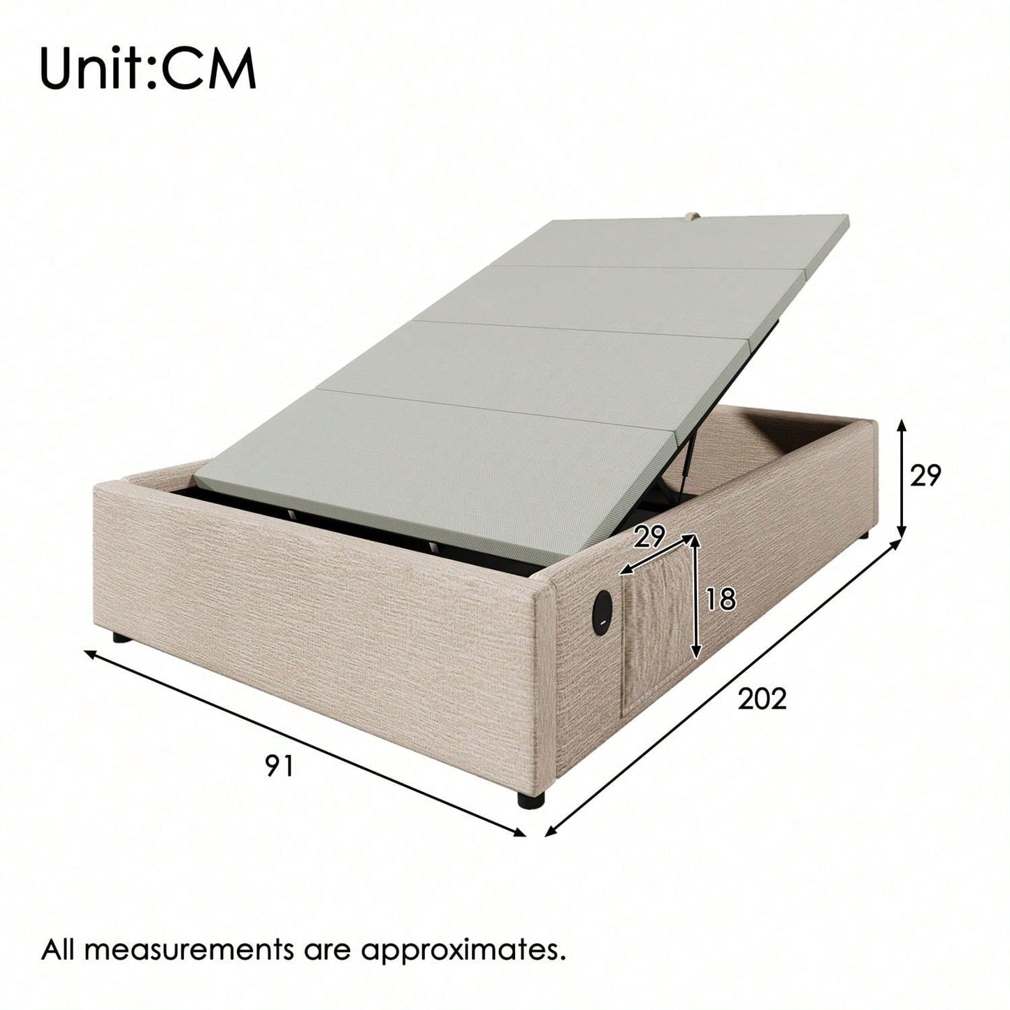 Polsterbett Einzelbett 90*200 cm, Struraumbett Bettgestell mit USB- C und Vollflächiger Lattenrost, Ohne Kopfteil, Baumwolle, Grau