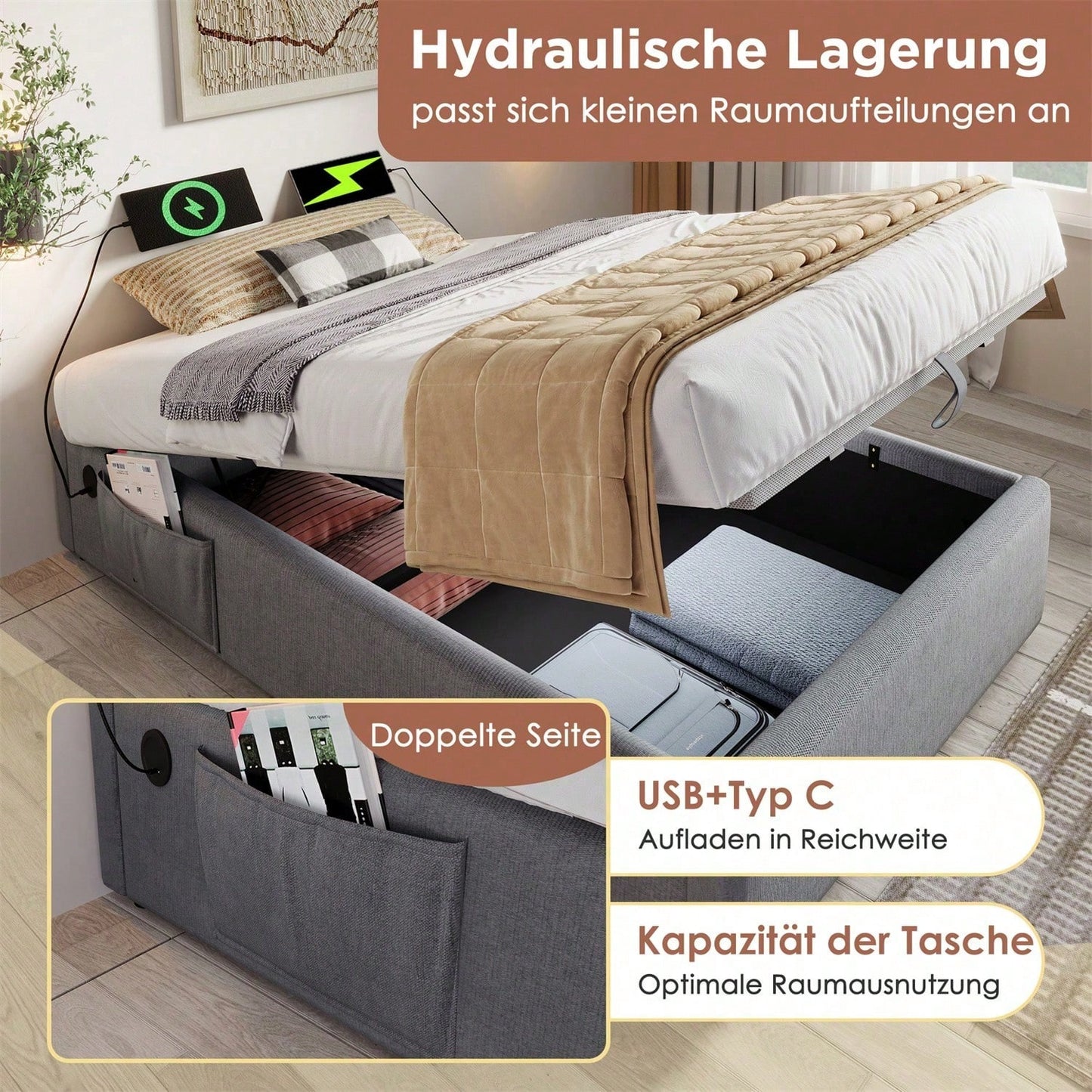Polsterbett Einzelbett 90*200 cm, Struraumbett Bettgestell mit USB- C und Vollflächiger Lattenrost, Ohne Kopfteil, Baumwolle, Grau