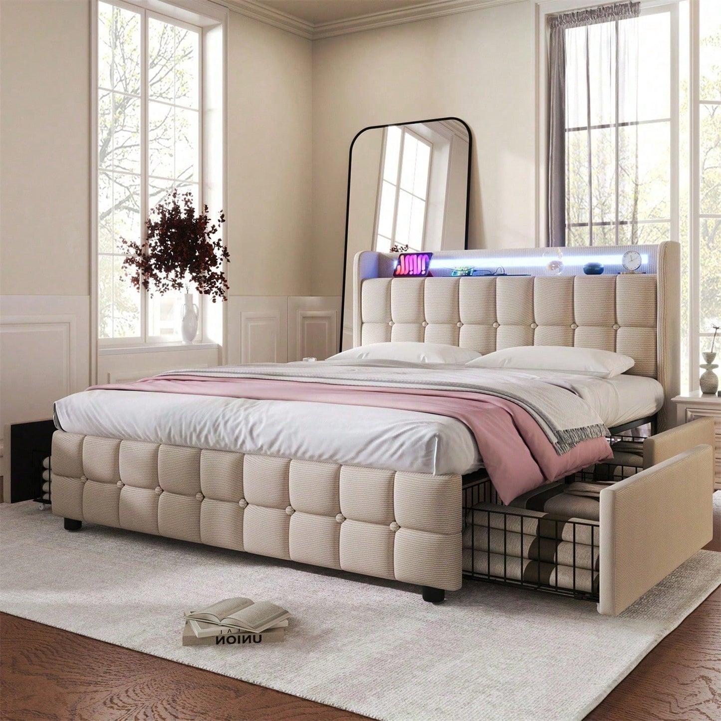 Polsterbett mit aufladen USB Ladefunktion Kopfteil und LED-Beleuchtung und 4 Schubladen,Doppelbett 140x200cm Stauraumbetten Bettgestell, Lattenrost aus Holz, Beige
