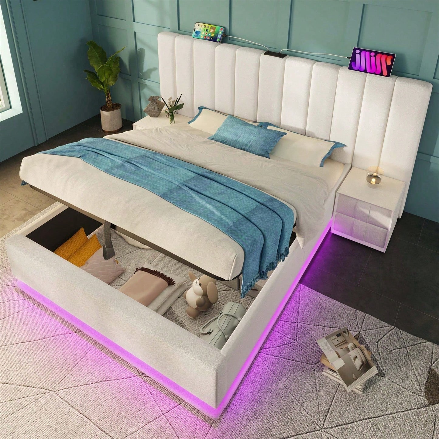 Polsterbett 160*200, Doppelbett Stauraumbett mit App Control LED und USB-C Ladefunktion, Bettgestell mit Lattenrost, PU, Weiß, Ohne Matratze und Nachttisch