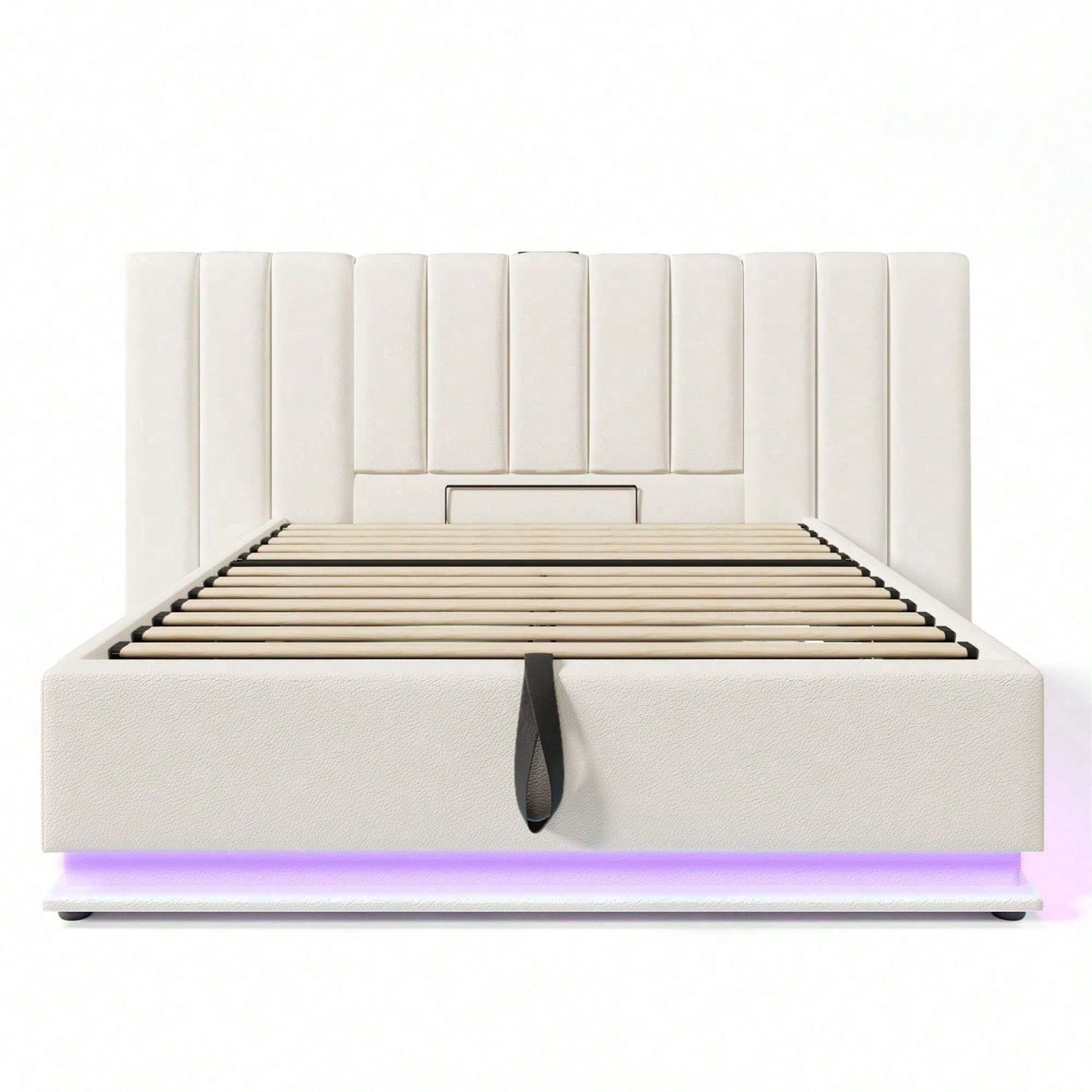 Polsterbett 160*200, Doppelbett Stauraumbett mit App Control LED und USB-C Ladefunktion, Bettgestell mit Lattenrost, PU, Weiß, Ohne Matratze und Nachttisch