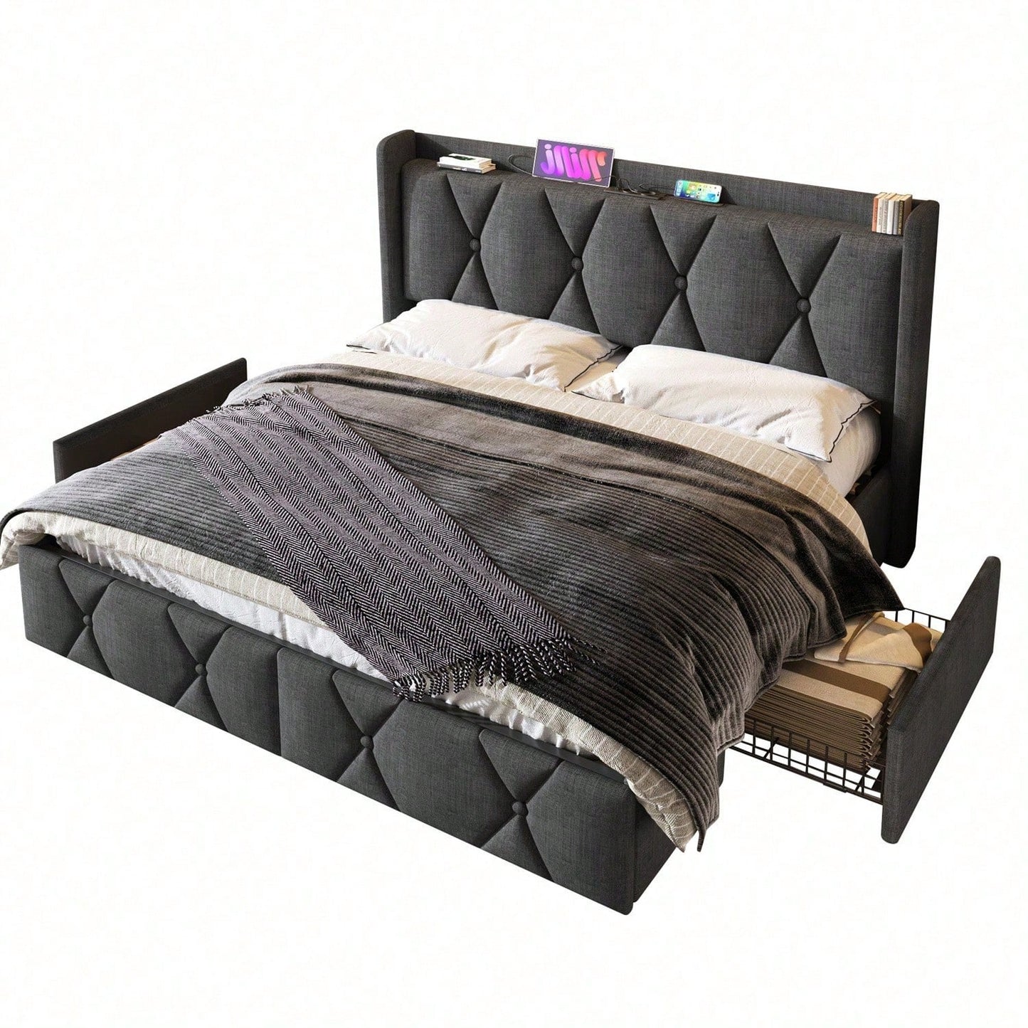 Polsterbett mit aufladen USB Ladefunktion Kopfteil und 4 Schubladen,Doppelbett 160x200cm Stauraumbetten Bettgestell, Lattenrost aus Holz, Grau (Mit Matratze)
