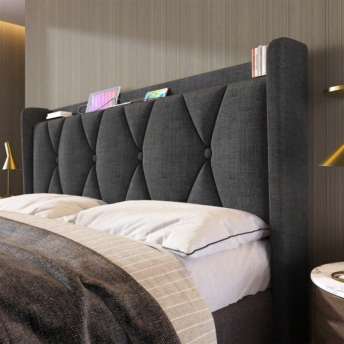 Polsterbett Doppelbett mit aufladen USB Ladefunktion Stauraum-Kopfteil und LED-Beleuchtung,Doppelbett 160x200cm Stauraumbetten Bettgestell, Lattenrost aus Holz, Grau