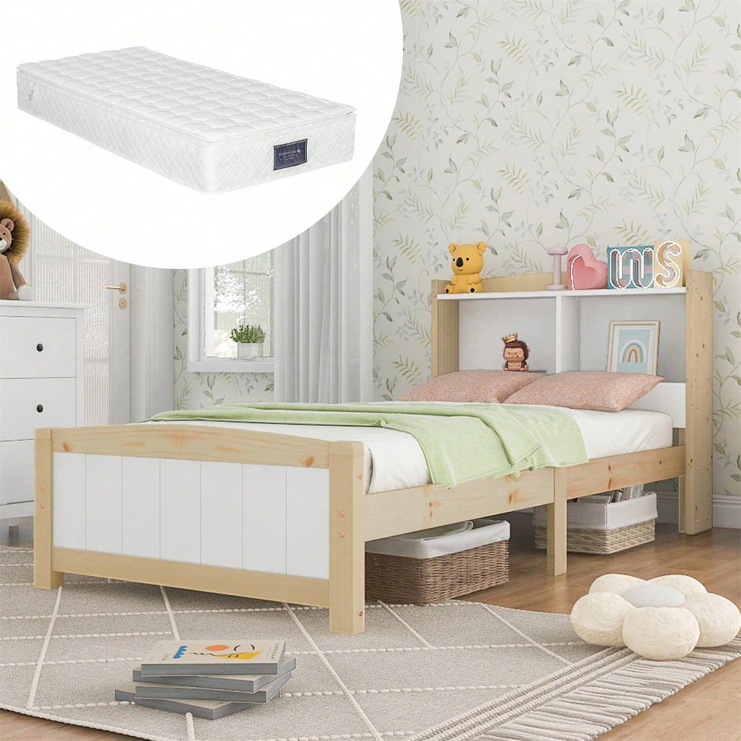 Massivholz Einzelbett Stauraum-Kopfteil Bett,90 x 200 cm Bettgestell mit Lattenrost Holzbett mit Kopfteil,Kinderbett Jugendbett Kiefer massiv Natürlich und Weiß (Mit Matratze)