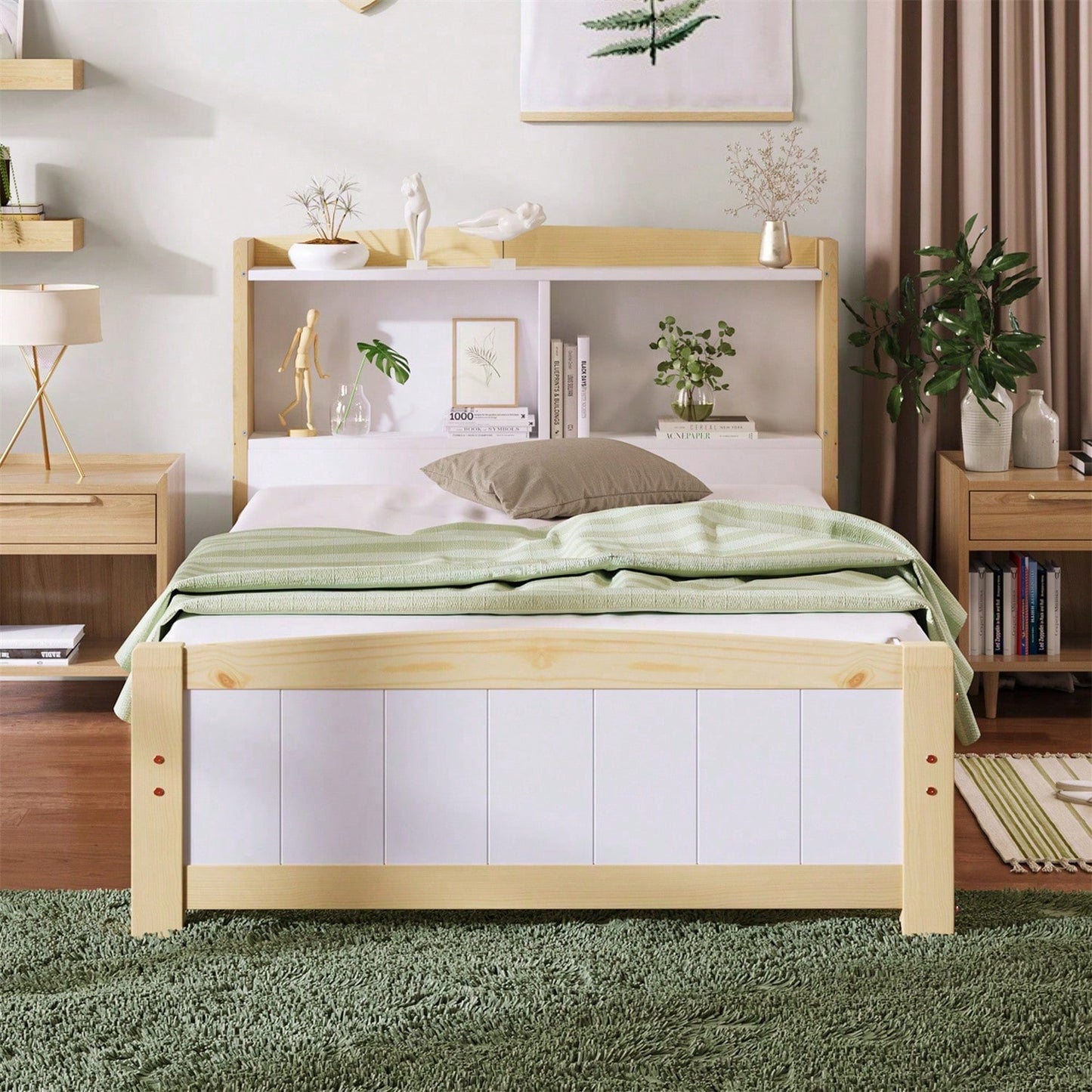 Massivholz Einzelbett Stauraum-Kopfteil Bett,90 x 200 cm Bettgestell mit Lattenrost Holzbett mit Kopfteil,Kinderbett Jugendbett Kiefer massiv Natürlich und Weiß (Mit Matratze)