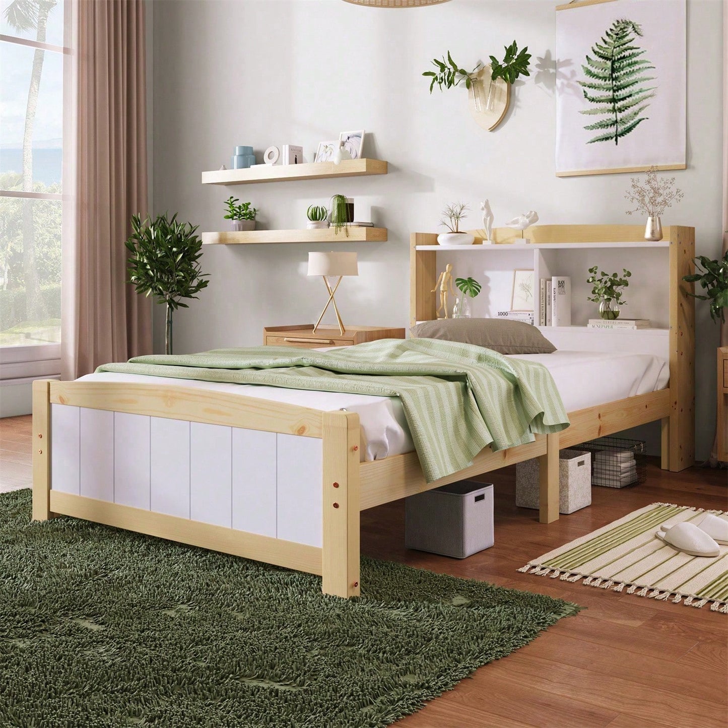 Massivholz Einzelbett Stauraum-Kopfteil Bett,90 x 200 cm Bettgestell mit Lattenrost Holzbett mit Kopfteil,Kinderbett Jugendbett Kiefer massiv Natürlich und Weiß (Mit Matratze)