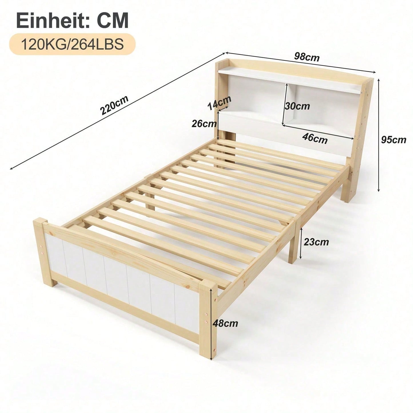 Massivholz Einzelbett Stauraum-Kopfteil Bett,90 x 200 cm Bettgestell mit Lattenrost Holzbett mit Kopfteil,Kinderbett Jugendbett Kiefer massiv Natürlich und Weiß (Mit Matratze)