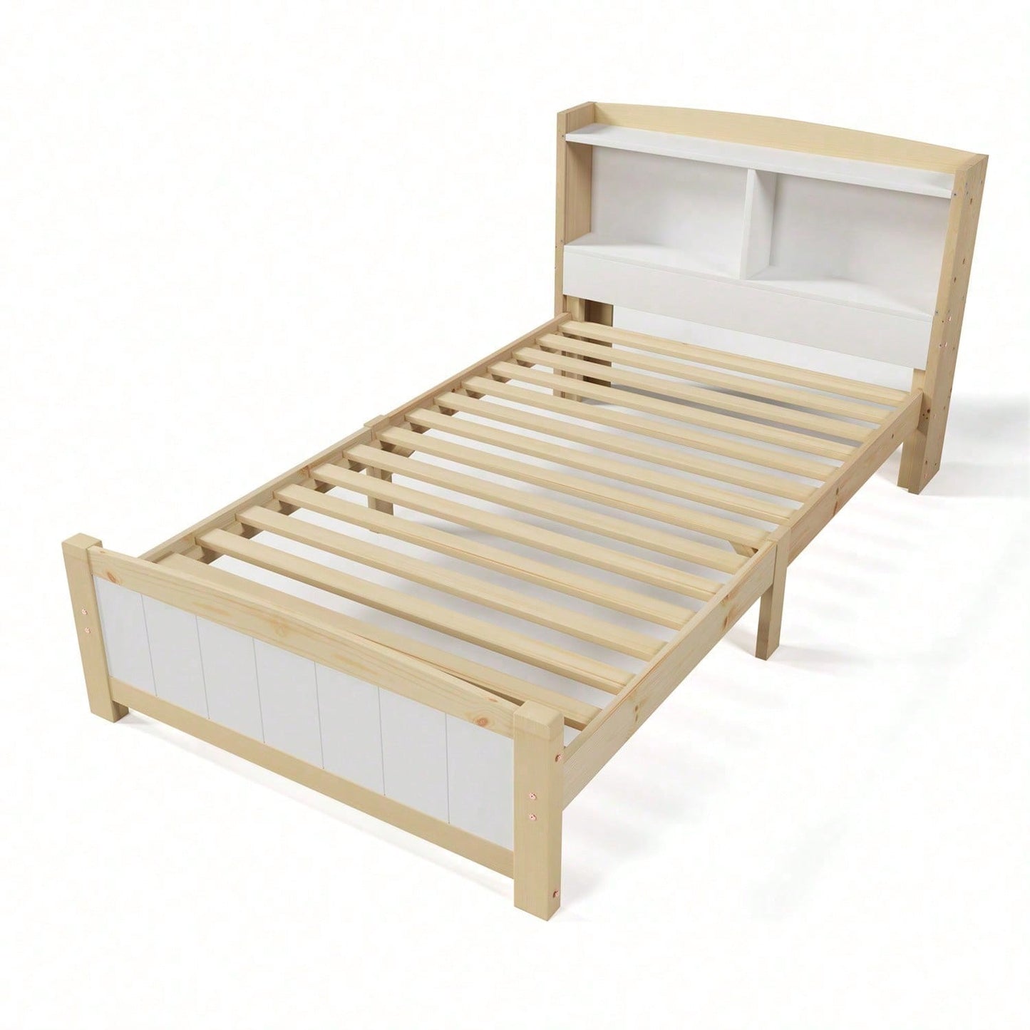 Massivholz Einzelbett Stauraum-Kopfteil Bett,90 x 200 cm Bettgestell mit Lattenrost Holzbett mit Kopfteil,Kinderbett Jugendbett Kiefer massiv Natürlich und Weiß (Mit Matratze)