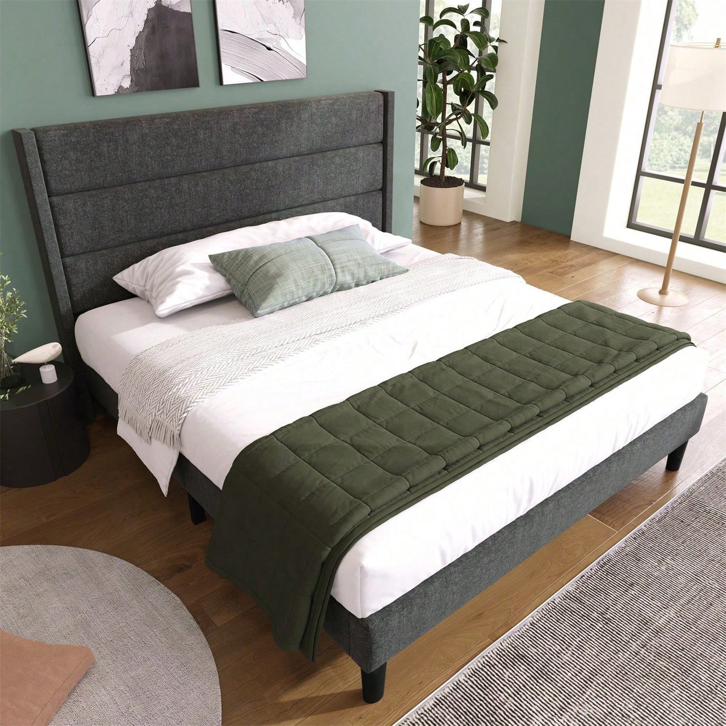 Polsterbett 140 x 200 cm, Bettgestell mit Lattenrost & Kopfteil, gepolstertes Doppelbett, Textilbezug Leinen in Dunkelgrau, Zeitloses modernes Design, Jugendbett
