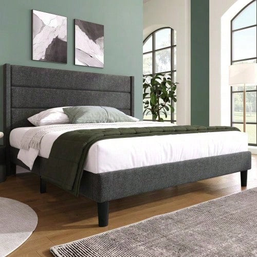 Polsterbett 140 x 200 cm, Bettgestell mit Lattenrost & Kopfteil, gepolstertes Doppelbett, Textilbezug Leinen in Dunkelgrau, Zeitloses modernes Design, Jugendbett