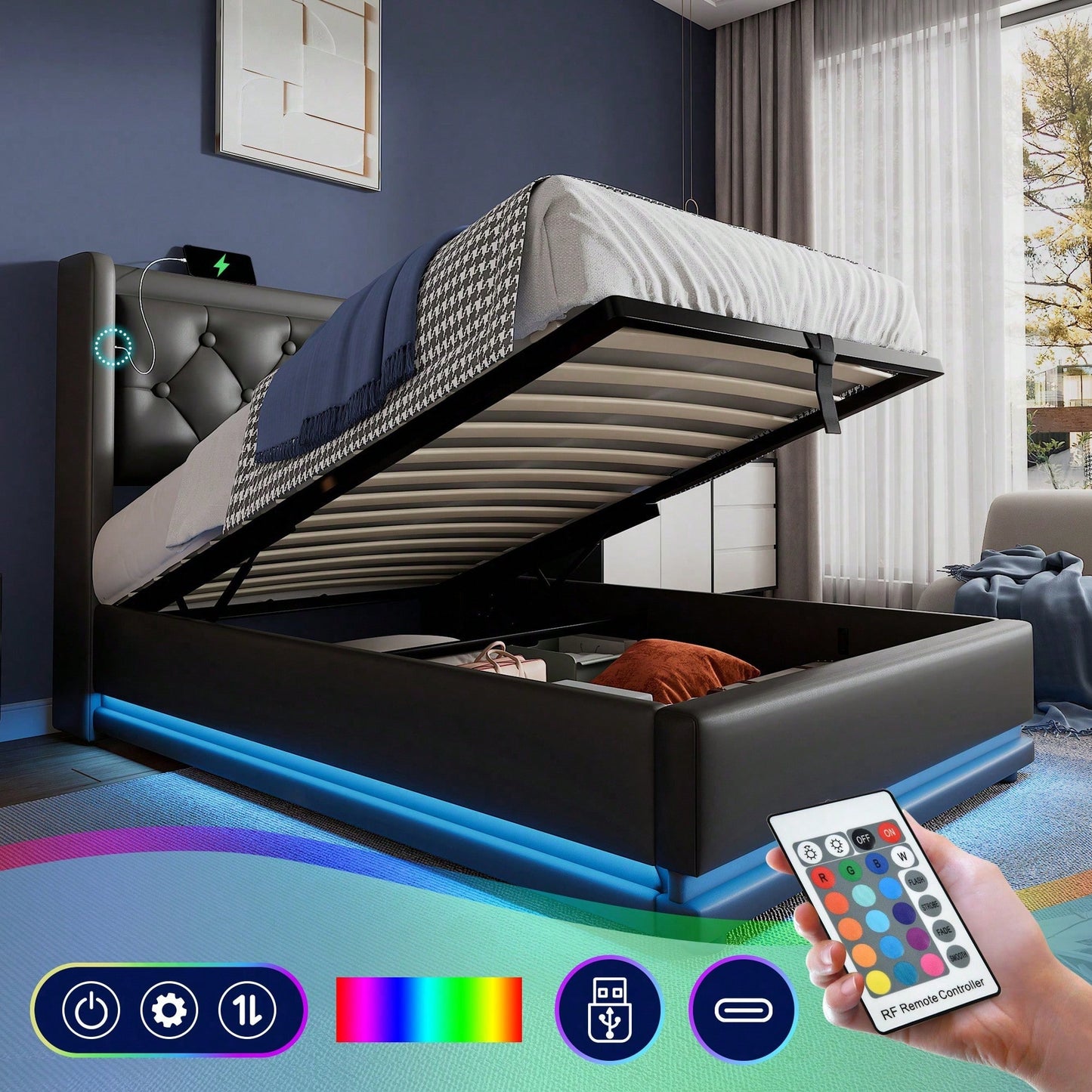 Polsterbett Einzelbett 90*200 cm,Schwarz PU-Material Hydraulisches Stauraumbett, gepolstertes Kopfteil mit USB Typ-C Ladefunktion, 3-seitige LED-Funktion