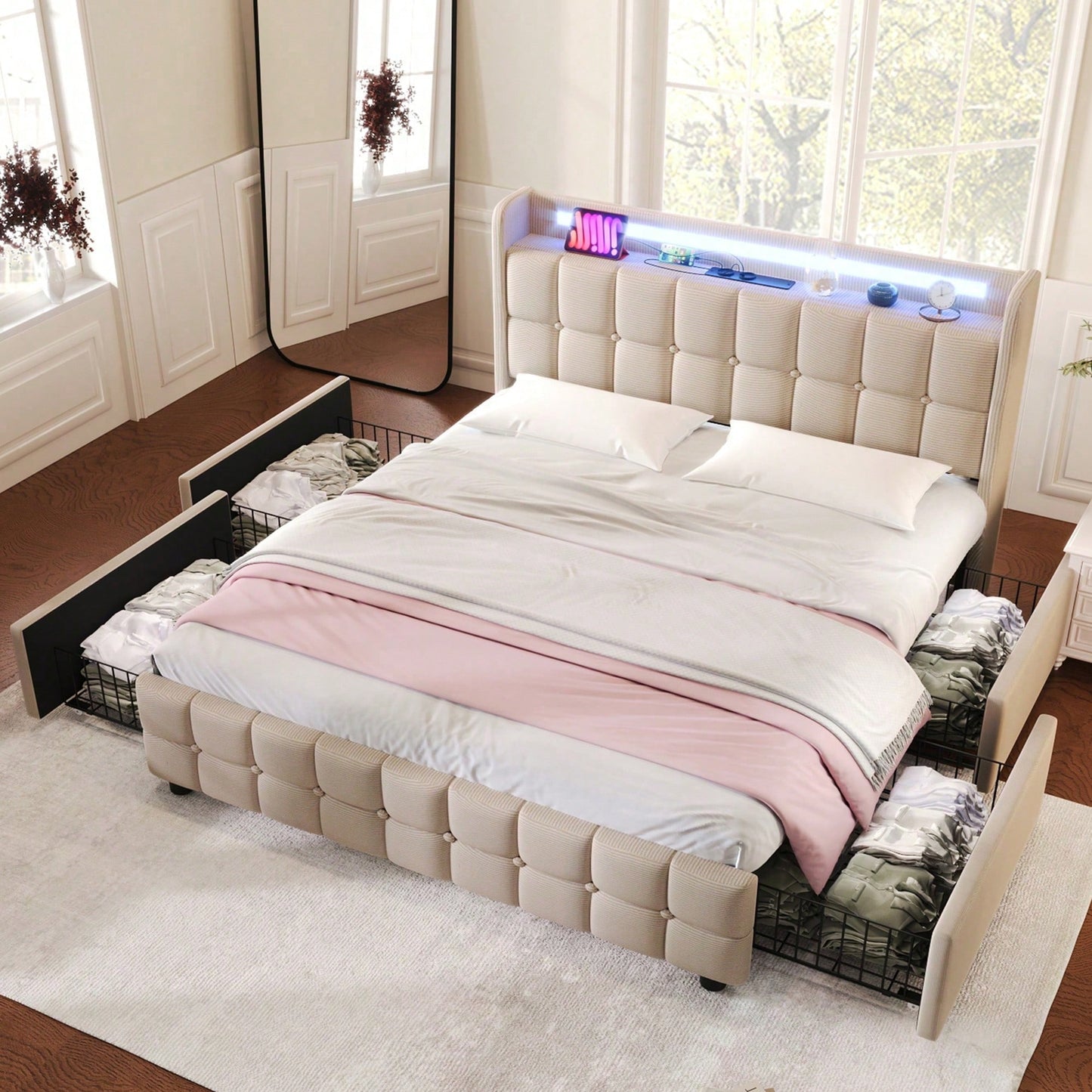 Polsterbett mit aufladen USB Ladefunktion Kopfteil und LED-Beleuchtung und 4 Schubladen,Doppelbett 160x200cm Stauraumbetten Bettgestell, Lattenrost aus Holz, Beige