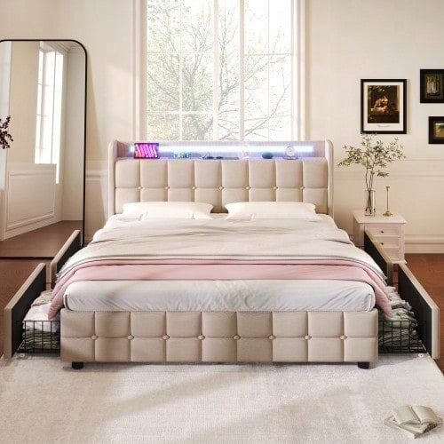 Polsterbett mit aufladen USB Ladefunktion Kopfteil und LED-Beleuchtung und 4 Schubladen,Doppelbett 160x200cm Stauraumbetten Bettgestell, Lattenrost aus Holz, Beige