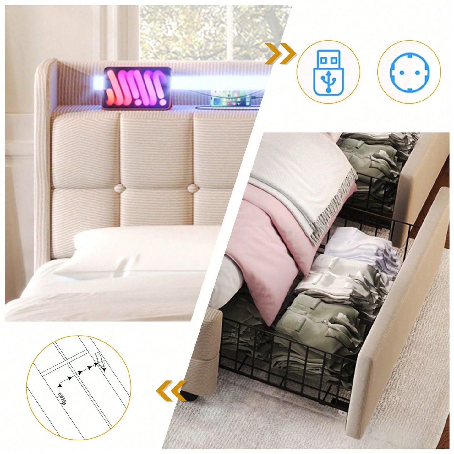 Polsterbett mit aufladen USB Ladefunktion Kopfteil und LED-Beleuchtung und 4 Schubladen,Doppelbett 160x200cm Stauraumbetten Bettgestell, Lattenrost aus Holz, Beige