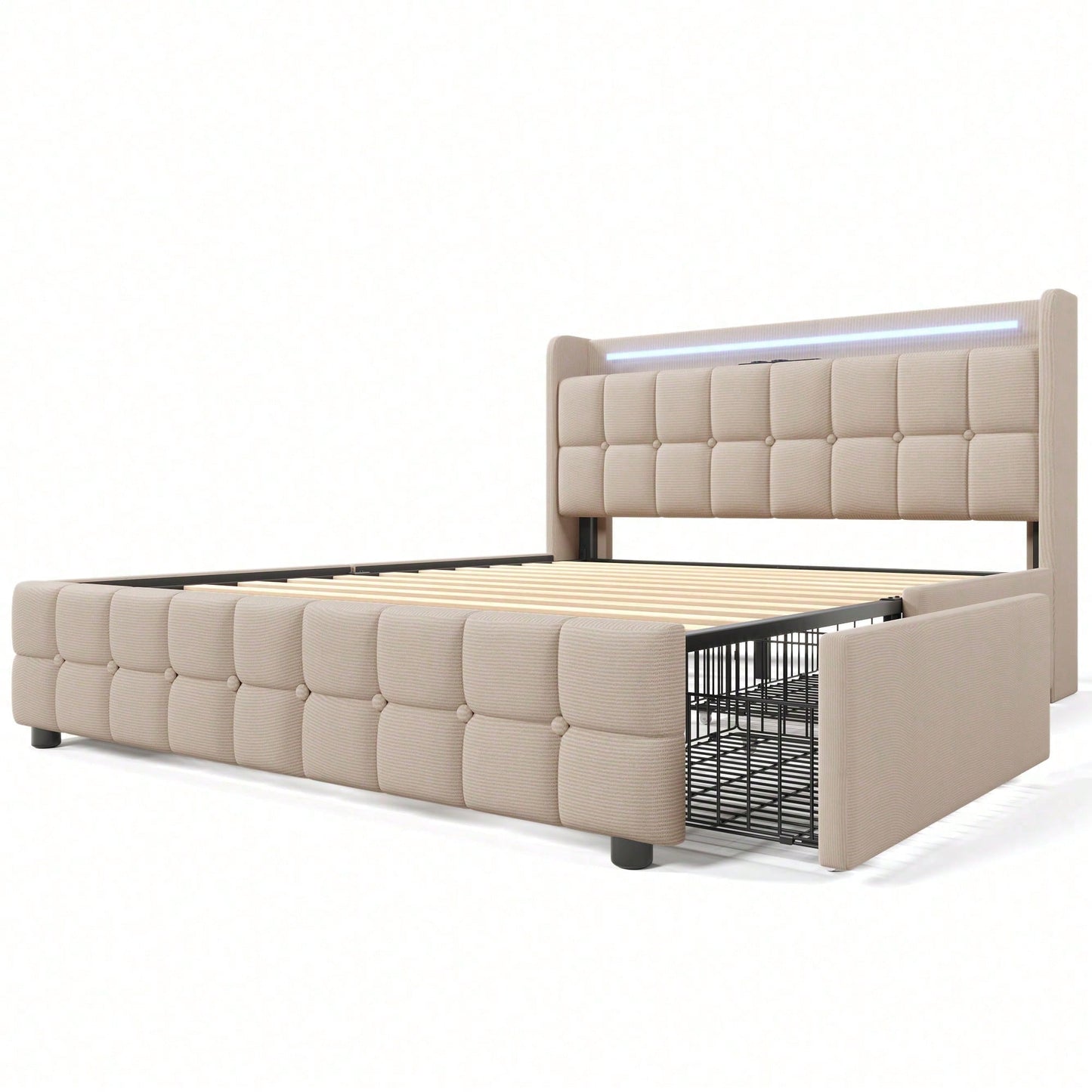 Polsterbett mit aufladen USB Ladefunktion Kopfteil und LED-Beleuchtung und 4 Schubladen,Doppelbett 160x200cm Stauraumbetten Bettgestell, Lattenrost aus Holz, Beige
