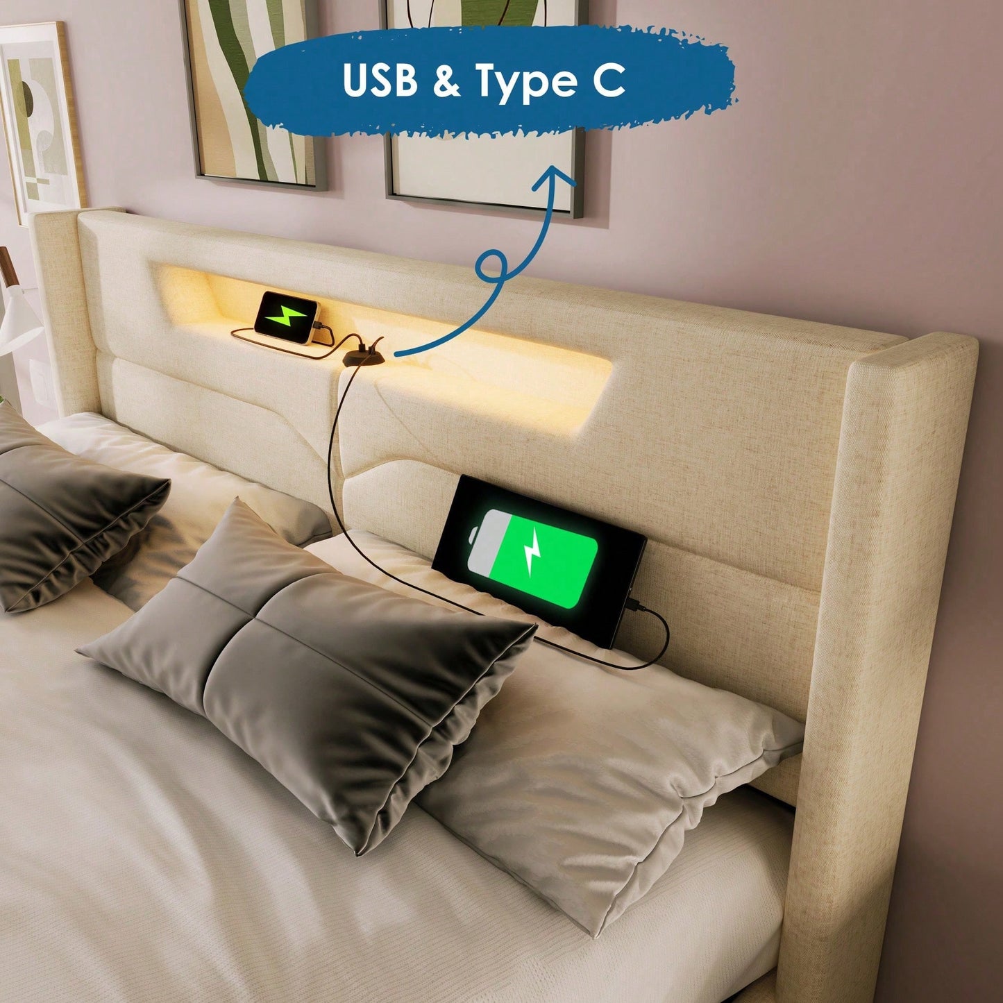 Polsterbett LED Doppelbett mit USB Typ C Ladefunktion und LED-Beleuchtung,Stauraumbetten Bettgestell aus Leinenmaterial Jugendbett 140x200 mit lattenrost(