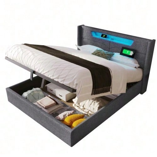 Polsterbett LED Doppelbett mit USB Typ C Ladefunktion und LED-Beleuchtung,Stauraumbetten Bettgestell aus Leinenmaterial Jugendbett 140x200 mit lattenrost(