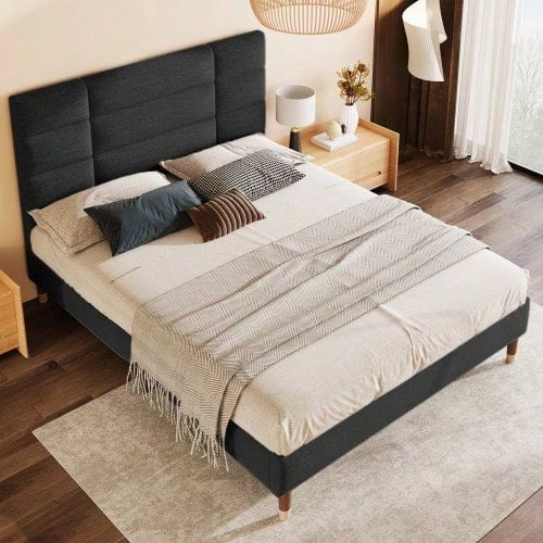 Polsterbett, Doppelbett mit Lattenrost, 140x200cm gepolsteres Bettgestell mit Kopfteil, in Schwarz Leinen, für Erwachsene&Jugendliche,