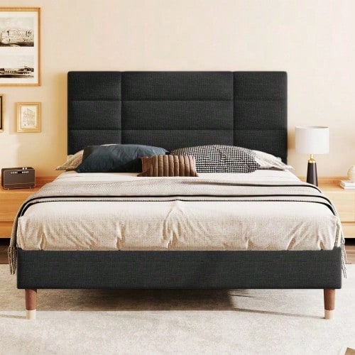 Polsterbett, Doppelbett mit Lattenrost, 140x200cm gepolsteres Bettgestell mit Kopfteil, in Schwarz Leinen, für Erwachsene&Jugendliche,