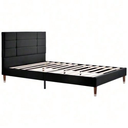 Polsterbett, Doppelbett mit Lattenrost, 140x200cm gepolsteres Bettgestell mit Kopfteil, in Schwarz Leinen, für Erwachsene&Jugendliche,