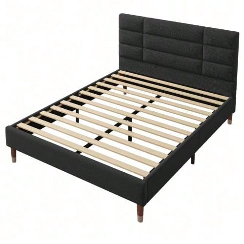 Polsterbett, Doppelbett mit Lattenrost, 140x200cm gepolsteres Bettgestell mit Kopfteil, in Schwarz Leinen, für Erwachsene&Jugendliche,