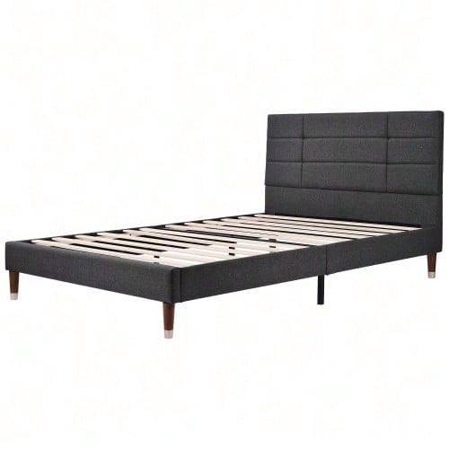 Polsterbett, Doppelbett mit Lattenrost, 140x200cm gepolsteres Bettgestell mit Kopfteil, in Schwarz Leinen, für Erwachsene&Jugendliche,