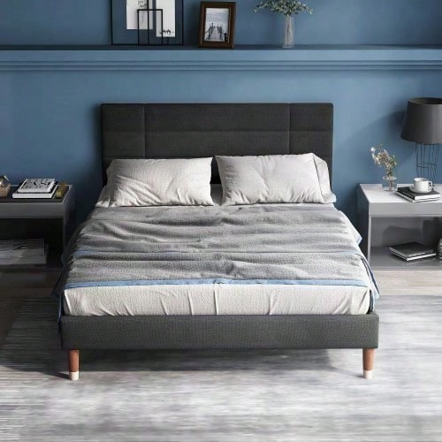Polsterbett, Doppelbett mit Lattenrost, 140x200cm gepolsteres Bettgestell mit Kopfteil, in Schwarz Leinen, für Erwachsene&Jugendliche,