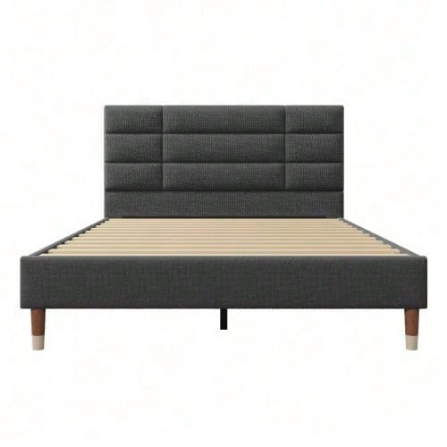 Polsterbett, Doppelbett mit Lattenrost, 140x200cm gepolsteres Bettgestell mit Kopfteil, in Schwarz Leinen, für Erwachsene&Jugendliche,