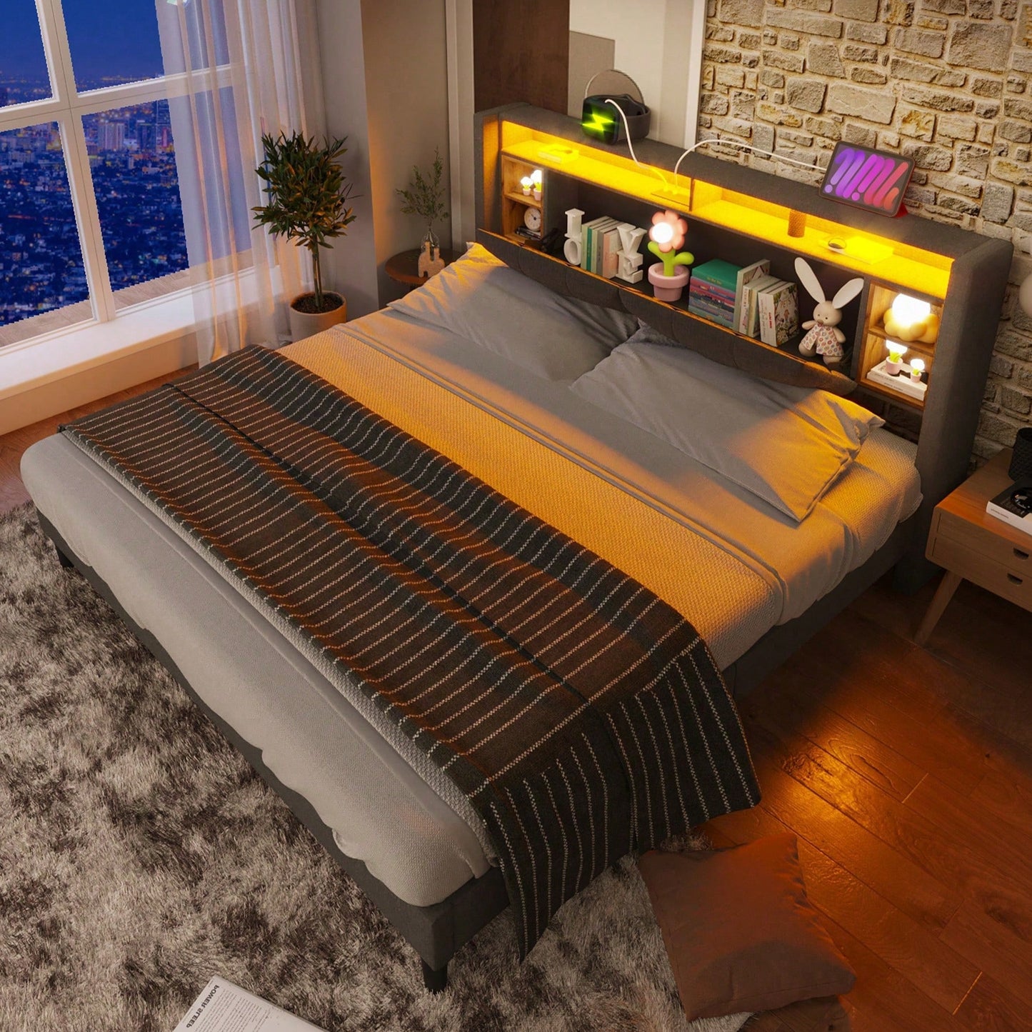 Polsterbett Doppelbett Stauraum-Kopfteil Bett mit aufladen USB und LED-Beleuchtung Bettgestell Lattenrost aus Holz,140*200CM Grau